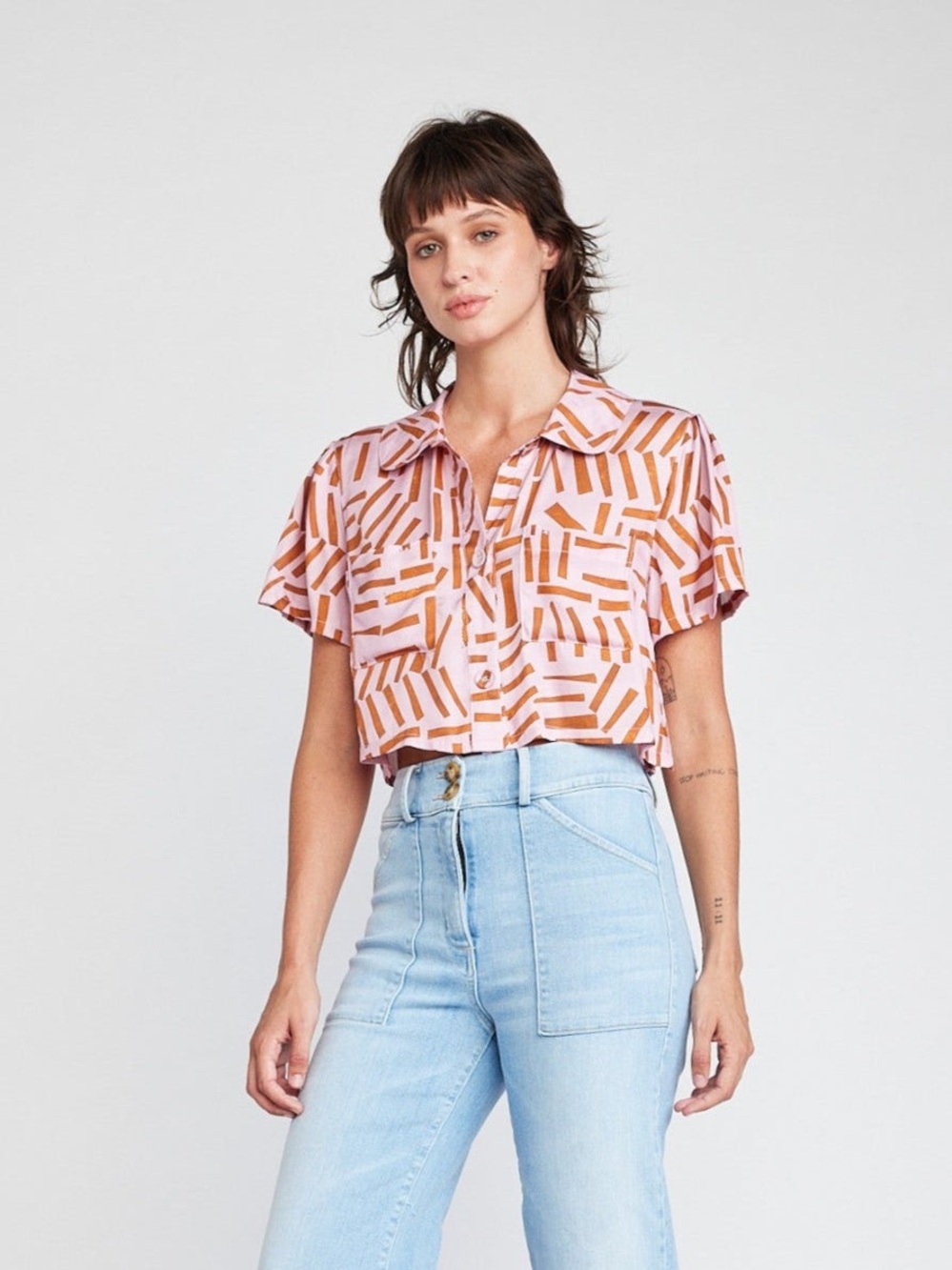 Cropped Pink Geometric Button-Up Shirt